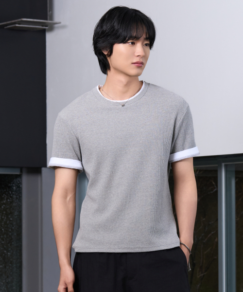 HYOJI(ヒョージ)の「26 SS セミクロップワッフル配色レイヤード半袖Tシャツ (3カラー)(Tシャツ/カットソー・メンズ・ブラック/グレー/ホワイト・M/L)」の5枚目の写真