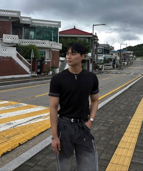 HYOJI(ヒョージ)の「26 SS セミクロップワッフル配色レイヤード半袖Tシャツ (3カラー)(Tシャツ/カットソー・メンズ・ブラック/グレー/ホワイト・M/L)」の6枚目の写真