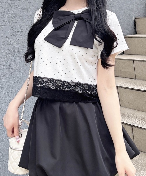 INGNI(イング)の「リボン付き裾レースTシャツ(Tシャツ/カットソー・レディース・ブラック系その他4/ブラック/ホワイト系その他/ライトピンク・M)」の2枚目の写真