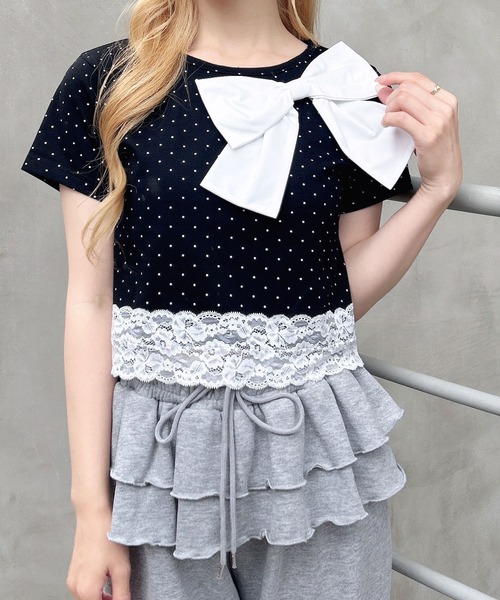 INGNI(イング)の「リボン付き裾レースTシャツ(Tシャツ/カットソー・レディース・ブラック系その他4/ブラック/ホワイト系その他/ライトピンク・M)」の3枚目の写真