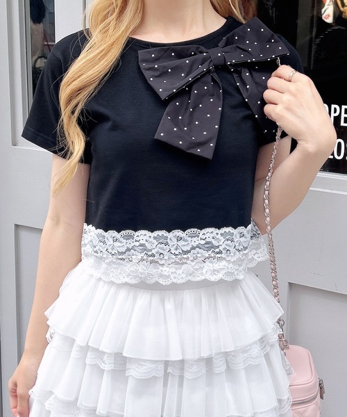 INGNI(イング)の「リボン付き裾レースTシャツ(Tシャツ/カットソー・レディース・ブラック系その他4/ブラック/ホワイト系その他/ライトピンク・M)」の1枚目の写真