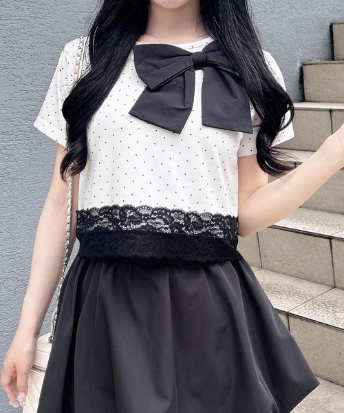 INGNI(イング)の「リボン付き裾レースTシャツ(Tシャツ/カットソー・レディース・ブラック系その他4/ブラック/ホワイト系その他/ライトピンク・M)」の17枚目の写真