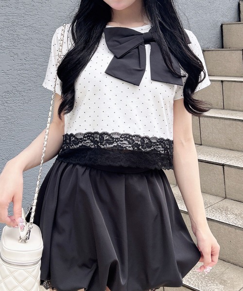 INGNI(イング)の「リボン付き裾レースTシャツ(Tシャツ/カットソー・レディース・ブラック系その他4/ブラック/ホワイト系その他/ライトピンク・M)」の18枚目の写真
