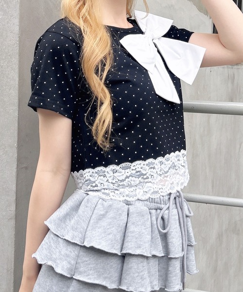 INGNI(イング)の「リボン付き裾レースTシャツ(Tシャツ/カットソー・レディース・ブラック系その他4/ブラック/ホワイト系その他/ライトピンク・M)」の13枚目の写真
