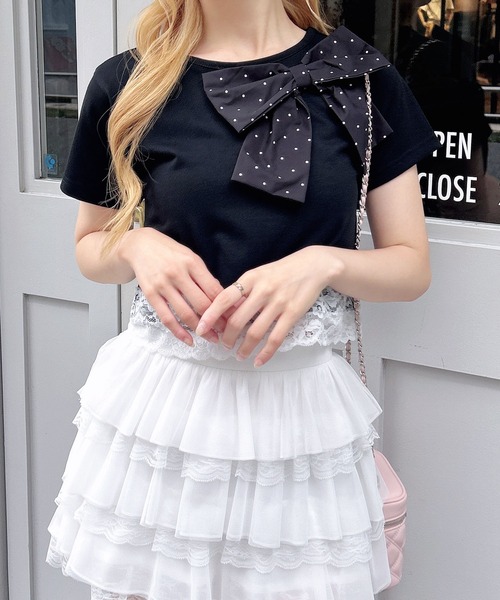 INGNI(イング)の「リボン付き裾レースTシャツ(Tシャツ/カットソー・レディース・ブラック系その他4/ブラック/ホワイト系その他/ライトピンク・M)」の6枚目の写真