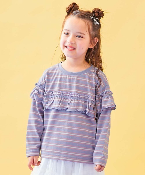 Tシャツ/カットソー（ブルー・ネイビー/青色系・フリル）ファッション