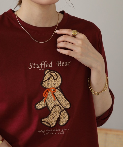 BRODIAEA(ブローディア)の「BRODIAEA テディベアプリント7分袖Tシャツ(Tシャツ/カットソー・レディース・ワインレッド/ダークグリーン/ブラック/グレイッシュベージュ・40)」の4枚目の写真