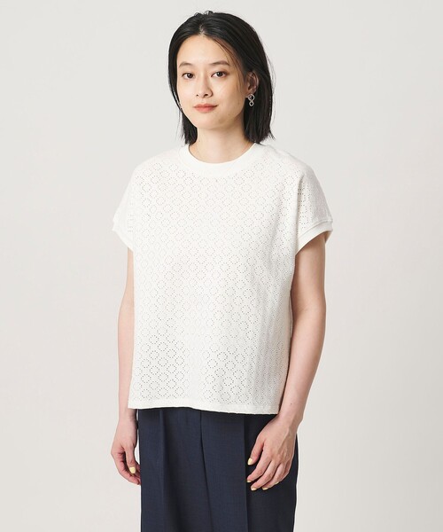 A DAY IN THE LIFE UNITED ARROWS(アデイインザライフユナイテッドアローズ)の「アイレットレース フレンチスリーブTシャツ <A DAY IN THE LIFE>(Tシャツ/カットソー・レディース・ネイビー/ダークグレー/オフホワイト・FREE)」の1枚目の写真