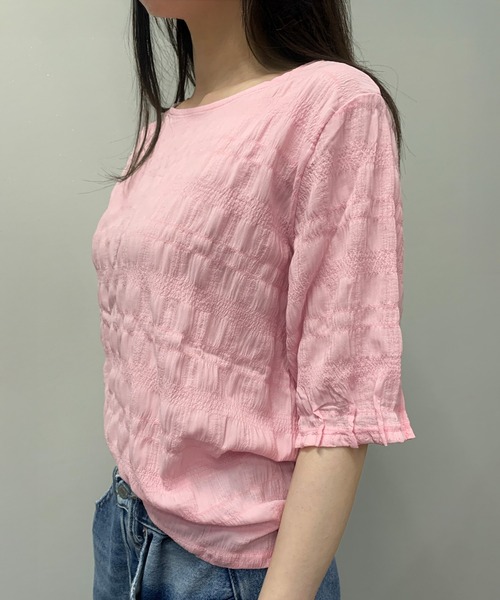 by LEGNA(バイレグナ)の「ジャガードチェック柄ブラウス(シャツ/ブラウス・レディース・ピンク/ホワイト・FREE)」の3枚目の写真