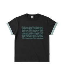 ESCF レタリングポイントプリントロールアップ半袖Tシャツチャコール