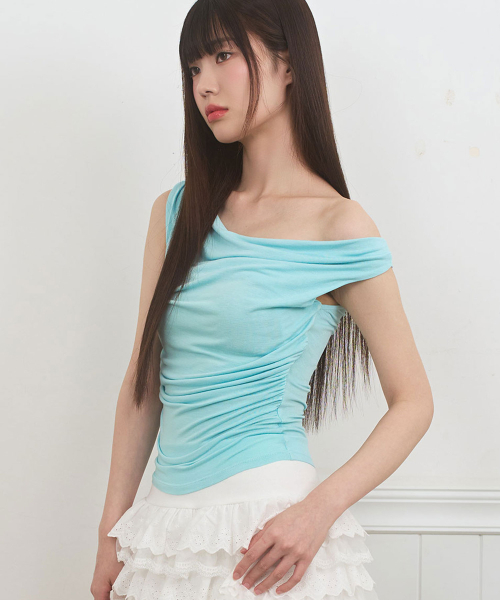 LIE MEQUE(リメーク)の「アンバランスドレープシャーリングトップ ミント(Tシャツ/カットソー・レディース・ブルー・FREE)」の1枚目の写真