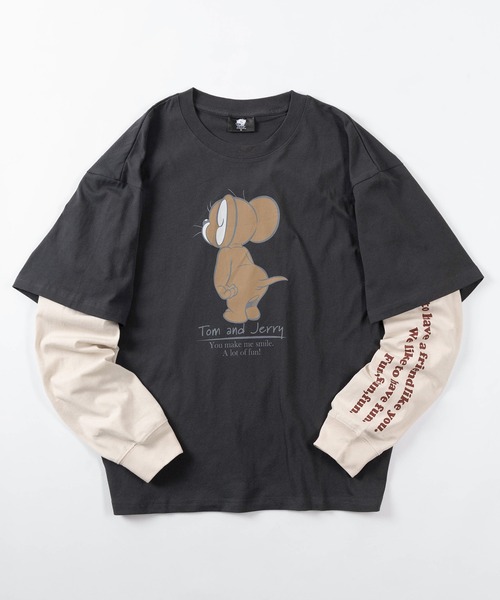 Tom&Jerry(トムアンドジェリー)の「【71】【TOM&JERRY/トムとジェリー】フェイクレイヤード ユーズド加工 プリントクルーネック ロングスリーブ Tシャツ/ロンT/ヴィンテージ風/ユニセックス/レディース/メンズ(Tシャツ/カットソー・レディース・ブラック/アイボリー系/ブラック系/アイボリー・M/L/XL)」の3枚目の写真