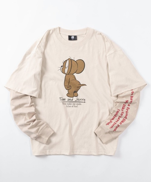 Tom&Jerry(トムアンドジェリー)の「【71】【TOM&JERRY/トムとジェリー】フェイクレイヤード ユーズド加工 プリントクルーネック ロングスリーブ Tシャツ/ロンT/ヴィンテージ風/ユニセックス/レディース/メンズ(Tシャツ/カットソー・レディース・ブラック/アイボリー系/ブラック系/アイボリー・M/L/XL)」の1枚目の写真