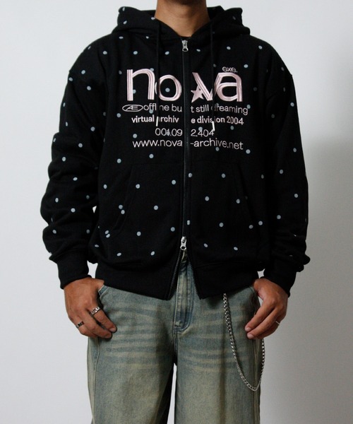 NYLAUS(ナイラス)の「【NYS】裏起毛 総柄プリント ダブルジップパーカー ドット ボーダー スター ユニセックス(パーカー・メンズ・グレー/ブラック/チャコールグレー/ブルー・L/M)」の5枚目の写真