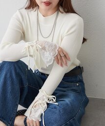 袖レース&リボンニットプルオーバー