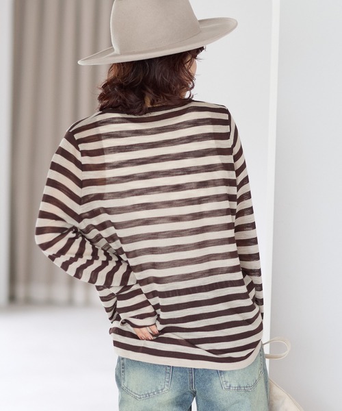 gossara（ゴサラ）の「【gossara いつものボーダーを新鮮に】レースアップシアーニットプルオーバー（Tシャツ/カットソー・レディース・グレー/ブラウン系その他・FREE）」の7枚目の写真