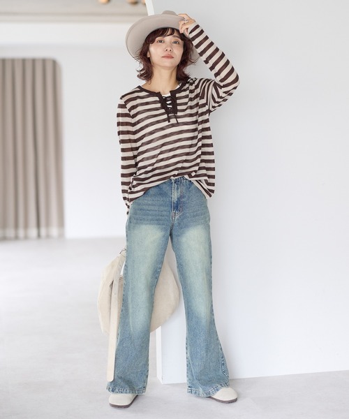 gossara（ゴサラ）の「【gossara いつものボーダーを新鮮に】レースアップシアーニットプルオーバー（Tシャツ/カットソー・レディース・グレー/ブラウン系その他・FREE）」の8枚目の写真