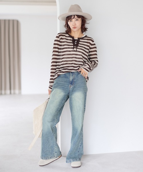 gossara（ゴサラ）の「【gossara いつものボーダーを新鮮に】レースアップシアーニットプルオーバー（Tシャツ/カットソー・レディース・グレー/ブラウン系その他・FREE）」の9枚目の写真