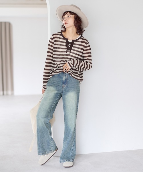 gossara（ゴサラ）の「【gossara いつものボーダーを新鮮に】レースアップシアーニットプルオーバー（Tシャツ/カットソー・レディース・グレー/ブラウン系その他・FREE）」の10枚目の写真