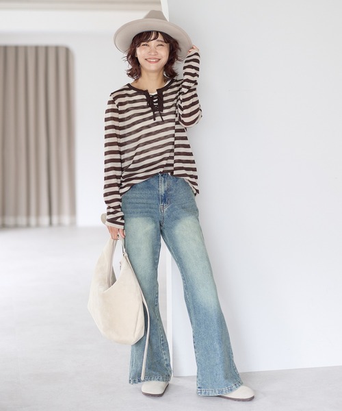 gossara（ゴサラ）の「【gossara いつものボーダーを新鮮に】レースアップシアーニットプルオーバー（Tシャツ/カットソー・レディース・グレー/ブラウン系その他・FREE）」の12枚目の写真