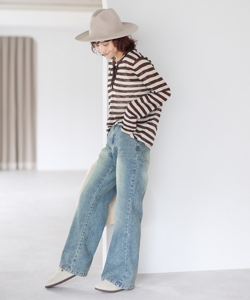 gossara（ゴサラ）の「【gossara いつものボーダーを新鮮に】レースアップシアーニットプルオーバー（Tシャツ/カットソー・レディース・グレー/ブラウン系その他・FREE）」の13枚目の写真