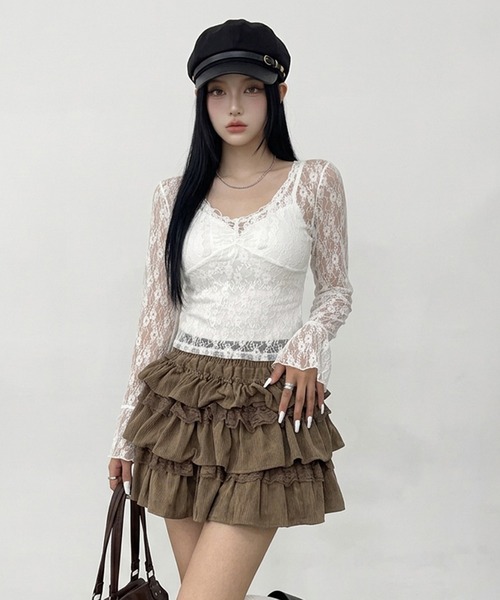non-hedge（ノンヘッジ）の「レース切替ティアードミニスカート（スカート・レディース・モカ/オフホワイト/ベージュ/ブラック・FREE）」の6枚目の写真