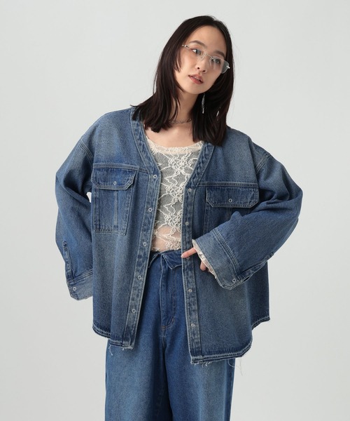 BAYFLOW（ベイフロー）の「[秋の羽織りに]ノーカラーデニムシャツ（シャツ/ブラウス・レディース・ブルー系その他/インディゴブルー・FREE）」の7枚目の写真