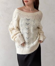 バックリボン起毛透かしケーブルニット