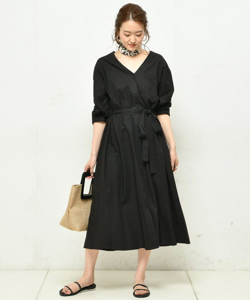 DouDou(ドゥドゥ)の「ロングシャツワンピース(ワンピース・レディース・ブラック/ベージュ/グリーン/アイボリー・FREE)」の3枚目の写真