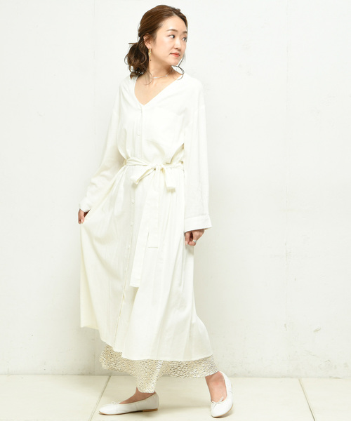 DouDou(ドゥドゥ)の「ロングシャツワンピース(ワンピース・レディース・ブラック/ベージュ/グリーン/アイボリー・FREE)」の12枚目の写真