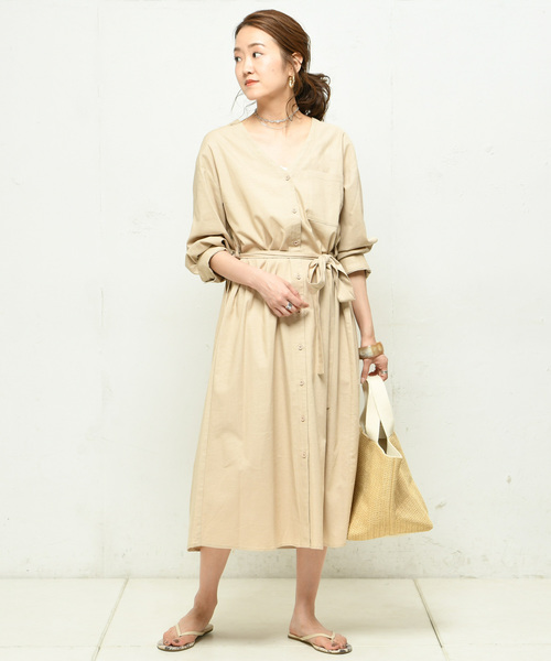 DouDou(ドゥドゥ)の「ロングシャツワンピース(ワンピース・レディース・ブラック/ベージュ/グリーン/アイボリー・FREE)」の15枚目の写真