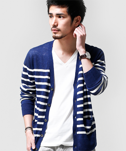 NANO universe(ナノユニバース)の「フレンチリネンマリンボーダーカーデ(カーディガン/ボレロ・メンズ・ホワイト/グレー/ネイビー・SMALL/MEDIUM/LARGE/X-LARGE)」の3枚目の写真