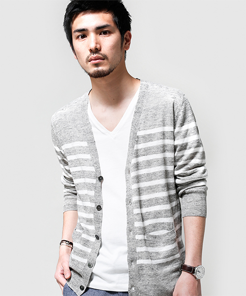 NANO universe(ナノユニバース)の「フレンチリネンマリンボーダーカーデ(カーディガン/ボレロ・メンズ・ホワイト/グレー/ネイビー・SMALL/MEDIUM/LARGE/X-LARGE)」の1枚目の写真