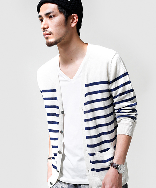 NANO universe(ナノユニバース)の「フレンチリネンマリンボーダーカーデ(カーディガン/ボレロ・メンズ・ホワイト/グレー/ネイビー・SMALL/MEDIUM/LARGE/X-LARGE)」の2枚目の写真