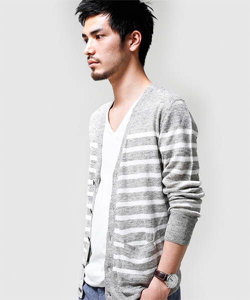 NANO universe(ナノユニバース)の「フレンチリネンマリンボーダーカーデ(カーディガン/ボレロ・メンズ・ホワイト/グレー/ネイビー・SMALL/MEDIUM/LARGE/X-LARGE)」の4枚目の写真