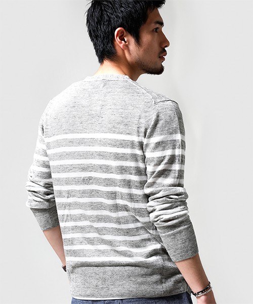 NANO universe(ナノユニバース)の「フレンチリネンマリンボーダーカーデ(カーディガン/ボレロ・メンズ・ホワイト/グレー/ネイビー・SMALL/MEDIUM/LARGE/X-LARGE)」の5枚目の写真