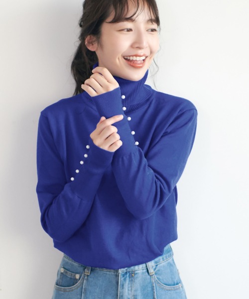 coca（coca）（コカ）の「袖パールニット（ニット/セーター・レディース・ベージュ/ブラック/ブルー・ONE SIZE）」の3枚目の写真
