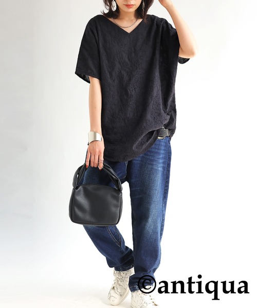 antiqua（アンティカ）の「綿100%ペイズリー柄刺繍ドルマントップス（Tシャツ/カットソー・レディース・ブラック/オフホワイト・FREE）」の15枚目の写真