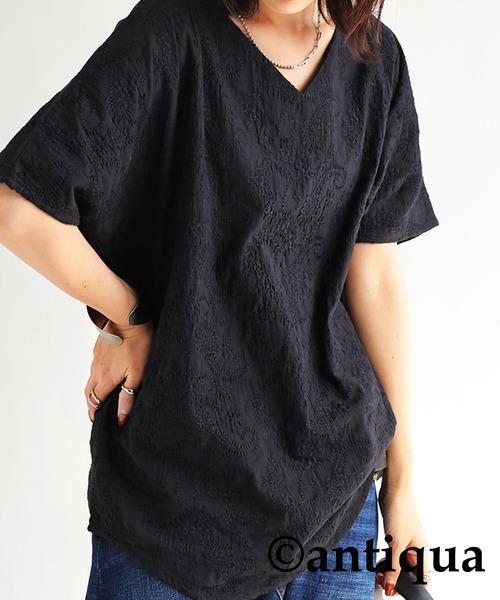 antiqua（アンティカ）の「綿100%ペイズリー柄刺繍ドルマントップス（Tシャツ/カットソー・レディース・ブラック/オフホワイト・FREE）」の16枚目の写真