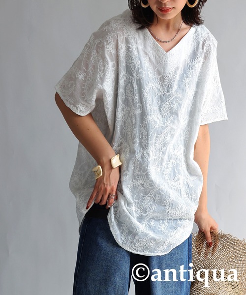 antiqua（アンティカ）の「綿100%ペイズリー柄刺繍ドルマントップス（Tシャツ/カットソー・レディース・ブラック/オフホワイト・FREE）」の7枚目の写真