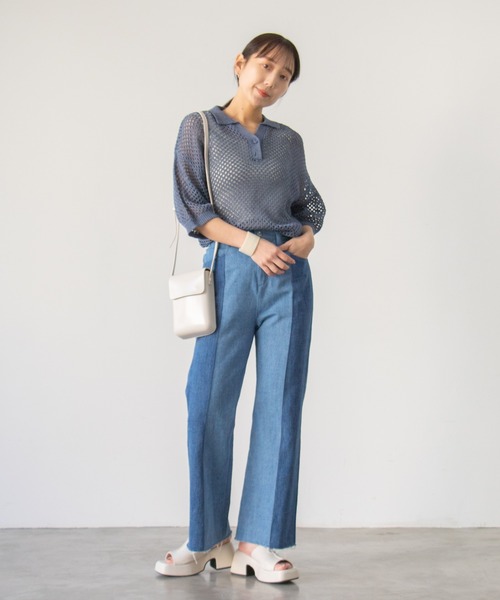 Kastane（カスタネ）の「メッシュ編みポロニット（キャミ付き）（ニット/セーター・レディース・グリーン系その他/インディゴブルー/オフホワイト・FREE）」の5枚目の写真