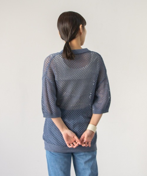 Kastane（カスタネ）の「メッシュ編みポロニット（キャミ付き）（ニット/セーター・レディース・グリーン系その他/インディゴブルー/オフホワイト・FREE）」の9枚目の写真