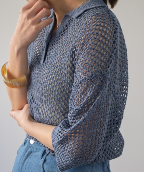 Kastane（カスタネ）の「メッシュ編みポロニット（キャミ付き）（ニット/セーター・レディース・グリーン系その他/インディゴブルー/オフホワイト・FREE）」の12枚目の写真