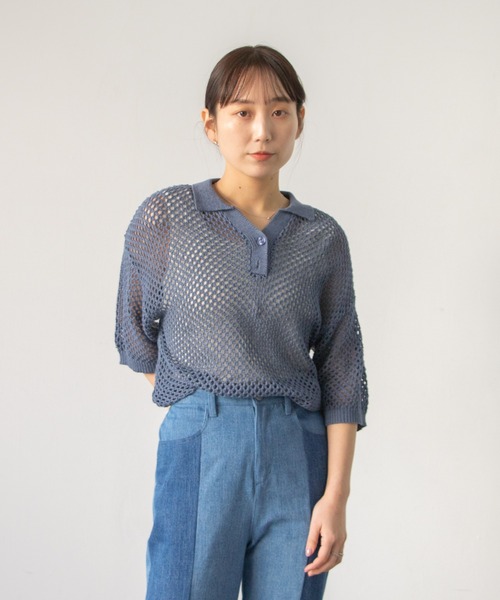 Kastane（カスタネ）の「メッシュ編みポロニット（キャミ付き）（ニット/セーター・レディース・グリーン系その他/インディゴブルー/オフホワイト・FREE）」の7枚目の写真