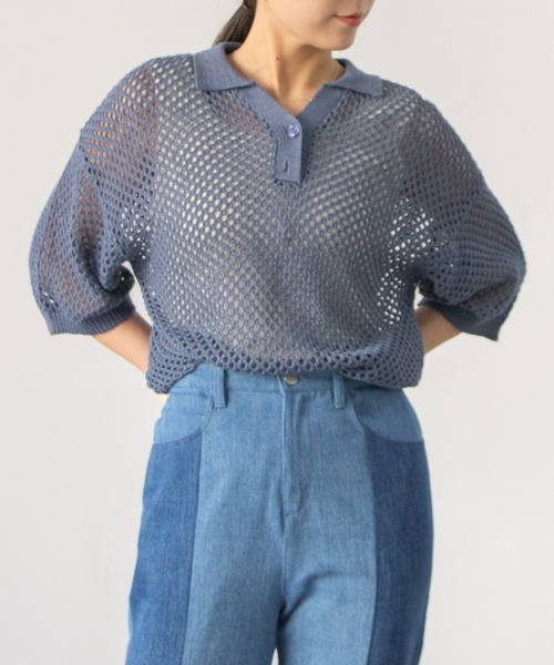 Kastane（カスタネ）の「メッシュ編みポロニット（キャミ付き）（ニット/セーター・レディース・グリーン系その他/インディゴブルー/オフホワイト・FREE）」の22枚目の写真