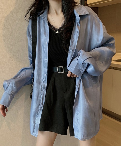Girly Doll(ガーリードール)の「オーバーサイズシャツ(シャツ/ブラウス・レディース・ホワイト/ピンク/ブルー/グリーン/ベージュ・F)」の4枚目の写真