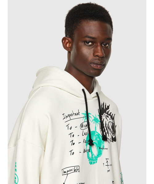 DIESEL(ディーゼル)の「メンズ パーカー カンガルーポケット BCI サステナブル(パーカー・メンズ・ホワイト/ブラック・XX-LARGE/X-SMALL/MEDIUM/X-LARGE/LARGE/SMALL)」の4枚目の写真