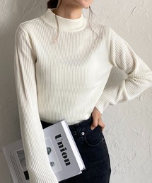 プチハイネックタイト長袖リブニットプルオーバートップス