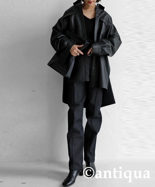 レザーシャツジャケット（ノーカラージャケット）｜antiqua
