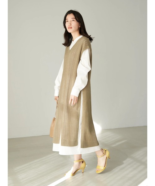 earth music&ecology（アースミュージックアンドエコロジー）の「SET2点透かし編ニットジレ＋シャツワンピース＊（ワンピース・レディース・ブラック/オフホワイト/カーキ・FREE）」の7枚目の写真